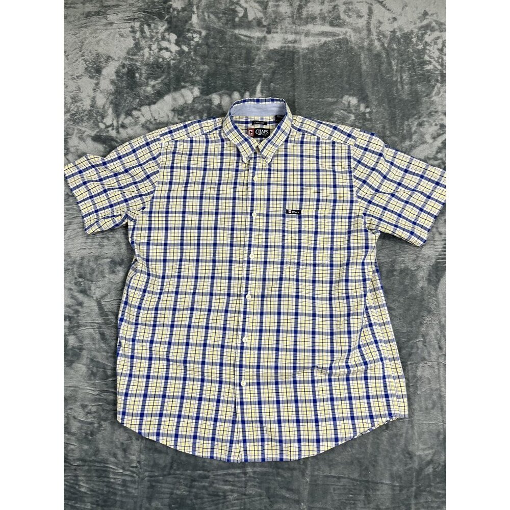 Chaps Men’s XL Tall Easy Care Short Sleeve Button-Down Plaid Shirt Blue/Yellow